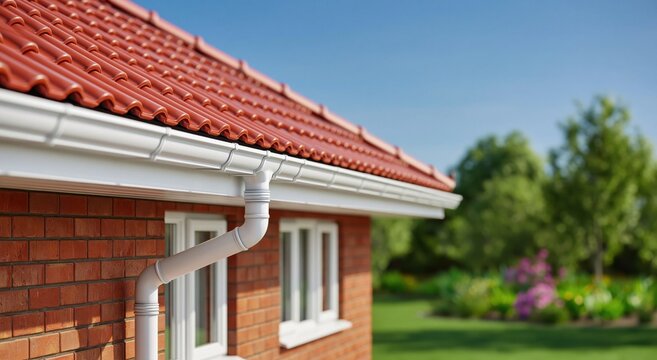 Gutter and downspout system for rainwater drainage on a residential brick house exterior