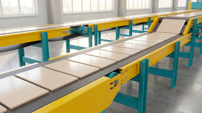 Automated ceramic tiles moving on a modern factory production line. Showcasing efficient manufacturing and industrial process
