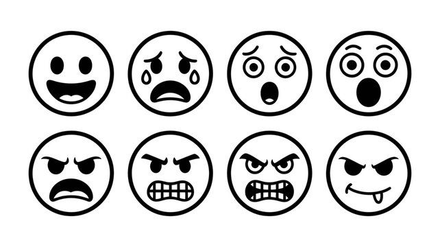 Black and white outline icons of facial expressions: happy crying surprised furious with expression, surprised