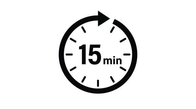 Black and white graphic icon representing a fifteen minute time duration featuring a circular clock face with a sweeping arrow indicating a short period of time isolated on white background