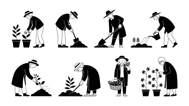 Set of silhouettes showing people gardening and planting in a vegetable patch with gardening, planting