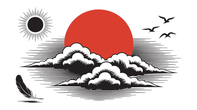 Vintage sunset illustration with sun clouds birds and feather landscape illustration engraving peaceful