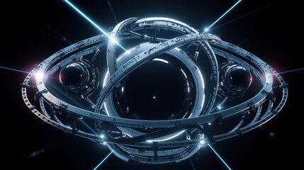 Fototapeta premium Futuristic orbital station design. Complex metallic structure, glowing lights, dark space background. Detailed engineering, scifi concept.