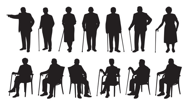 Set of elderly people silhouettes standing and sitting using walking sticks with silhouette, standing