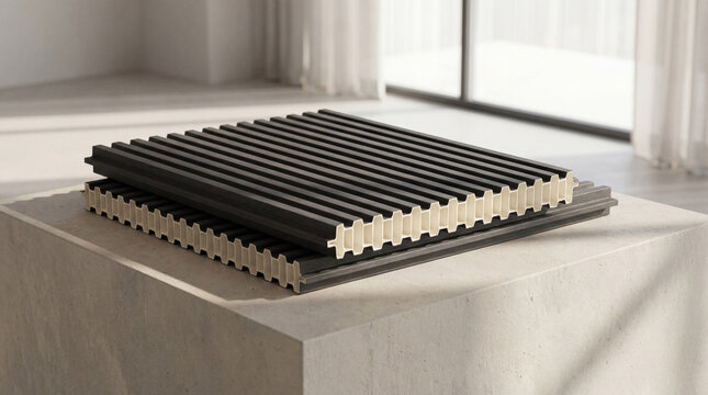 Stacked modern WPC slatted panels. Contemporary architectural building material for interior design and facade cladding