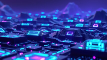 Fototapeta premium Futuristic cityscape. Glowing neon lights illuminate complex circuit board structures. Dark background emphasizes vibrant blues, purples. Digital landscape.