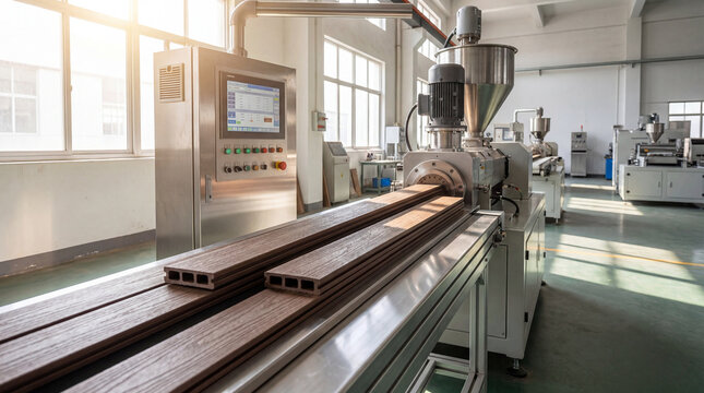 Wood Plastic Composite (WPC) decking boards being manufactured on an extrusion machine in a modern factory setting