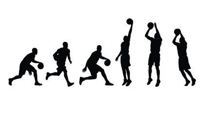 Fototapeta premium Black silhouettes showing a sequence of movements for a professional basketball player performing various dribbling and shooting actions during a competitive game captured in this high contrast isolat