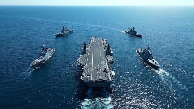 Aircraft carrier sailing in the open ocean with a fleet of escort warships moving forward through deep blue waters during a cinematic military training exercise