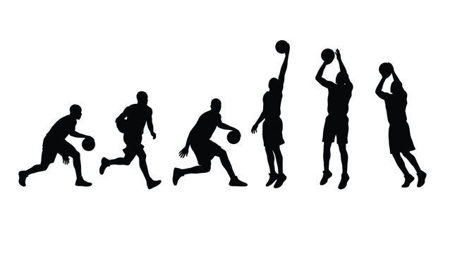 Black silhouettes showing a sequence of movements for a professional basketball player performing various dribbling and shooting actions during a competitive game captured in this high contrast isolat