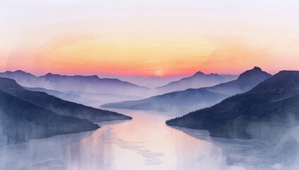 Fototapeta premium Serene Sunrise over Misty Mountain Range and Calm River at Dawn
