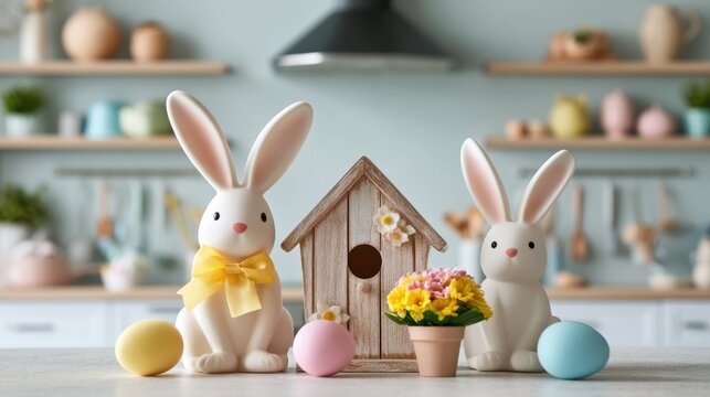 Cute white ceramic bunny figurine with yellow ribbon next to wooden birdhouse and colorful pastel egg decoration on blurred spring kitchen background