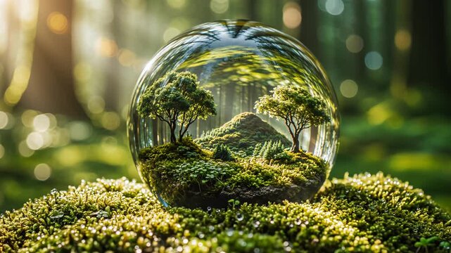 Crystal ball with miniature forest scene emphasizing the majestic scale of the natural world