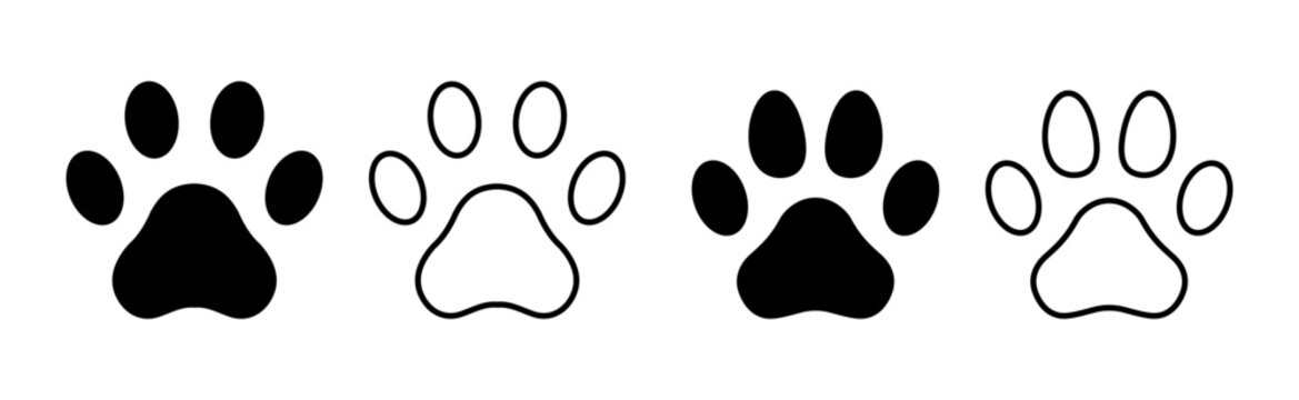 Adorable paw print icon collection with filled and outline dog and cat paw symbols, cute pet animal footprint vector set, isolated on white background.