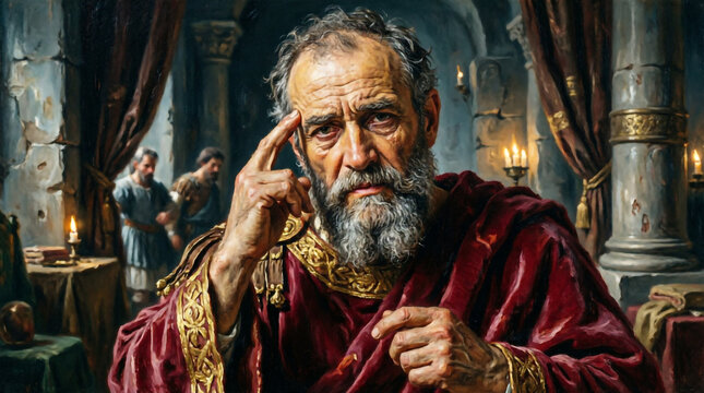 Herod fears Jesus is John the Baptist risen, haunted by guilt in his palace.