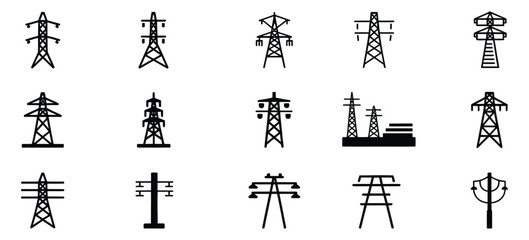 Energy and electricity vector icon collection with high voltage towers, transmission lines, and power system elements. © CreativeLens
