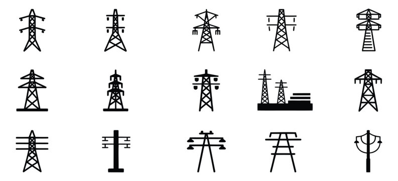 Energy and electricity vector icon collection with high voltage towers, transmission lines, and power system elements.