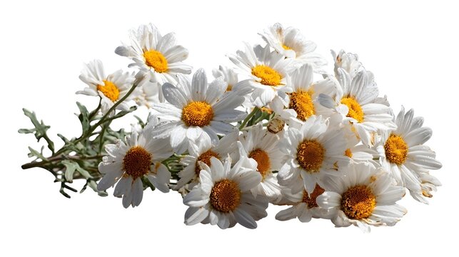 White daisies with yellow centers grow in a bunch showing vibrant details and natural beauty isolated on white background background cut out