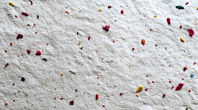 White handmade paper with subtle fiber textures and small colorful flecks. Organic and recycled mulberry paper background concept for craft art