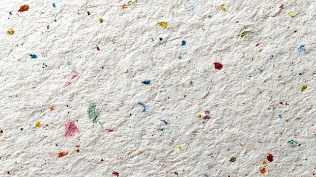 White handmade paper with subtle fiber textures and small colorful flecks. Organic and recycled mulberry paper background concept for craft art