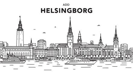 Fototapeta premium Helsingborg Cityscape Vector Illustration with Boats and Water