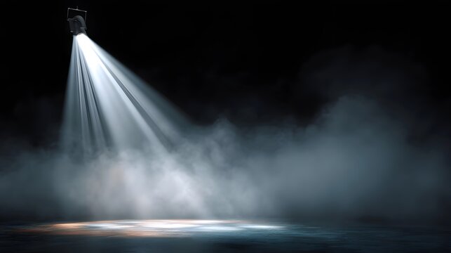 Wide white spotlight beam with cone light effect and smoke haze for stage podium and product showcase background, overlay