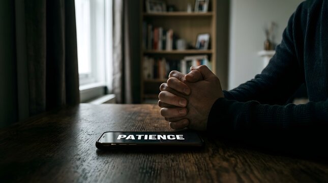 
Man clasped hands on wooden table next to smartphone displaying patience word on screen in dimly lit room, mindfulness meditation, self control personal growth, waiting calm reflection inspiration