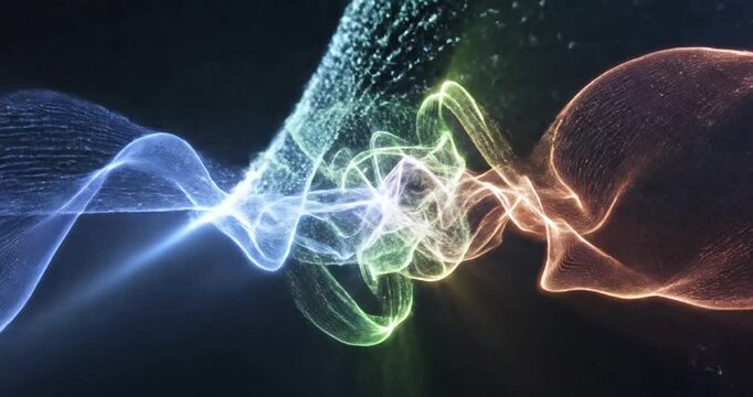 Colorful light waves intertwine in a dynamic display, creating a mesmerizing visual effect