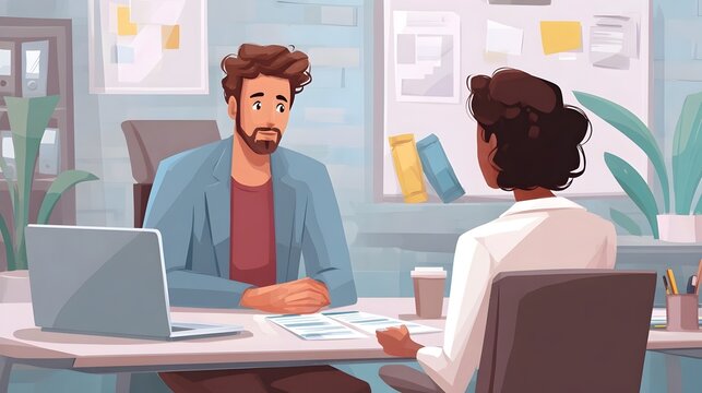 Young real estate manager worker man talking with bank client in office. Business meeting busy of entrepreneur professional people discussing financial planning trade strategy. Web banner, copy space