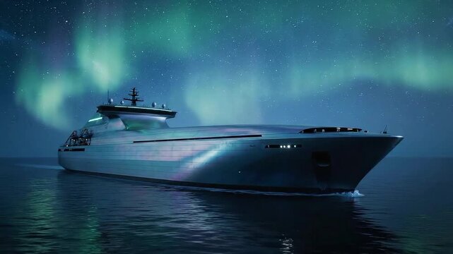 Luxury yacht navigating dark ocean waters under a vibrant display of glowing aurora borealis lights during a silent night journey across the calm arctic sea surface
