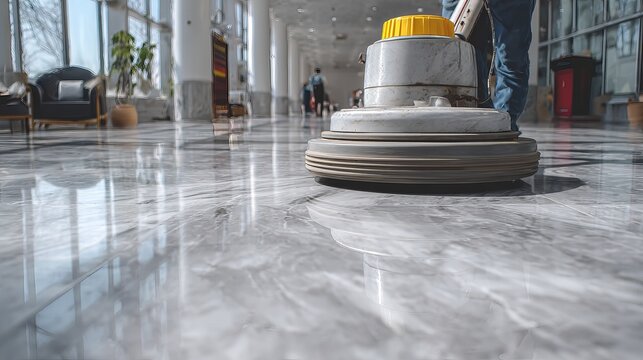 A person cleaning a shiny marble floor with a modern floor polisher in a large lobby area