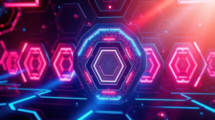 Fototapeta premium Futuristic tunnel. Neon lights create glowing hexagonal patterns. Dark background emphasizes vibrant blue, pink hues. Digital aesthetic.