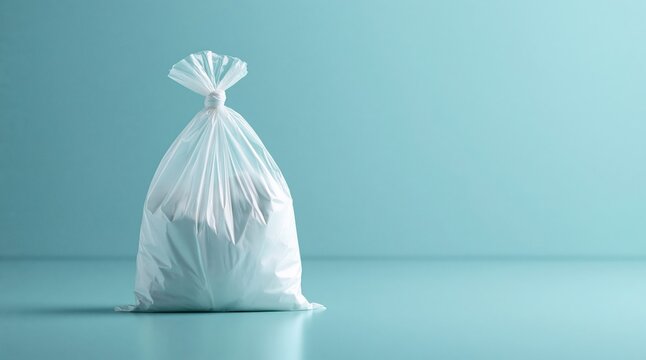 White garbage bag tied with plastic string on blue background. Waste disposal and household trash concept