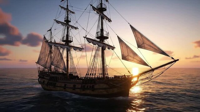Vintage wooden sailing ship gliding gracefully across calm ocean waters during a breathtaking golden sunset in this cinematic 4k video footage of a historic vessel