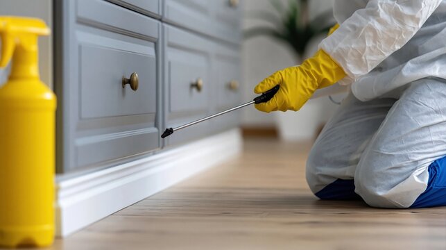 Pest control professional applying chemical insecticide spray for home treatment