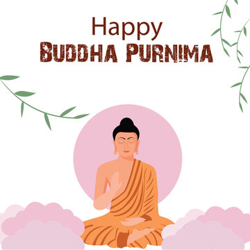 Lord buddha sitting in meditation for buddha purnima celebration with floral background art.
