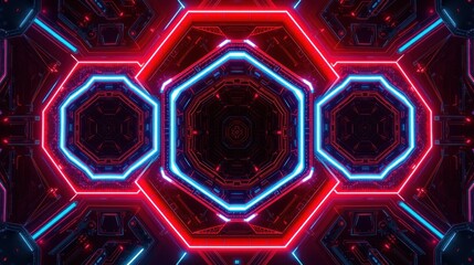 Fototapeta premium Neon tunnel with hexagonal shapes. Red, blue lights create futuristic, symmetrical design. Dark background emphasizes glowing lines, patterns.