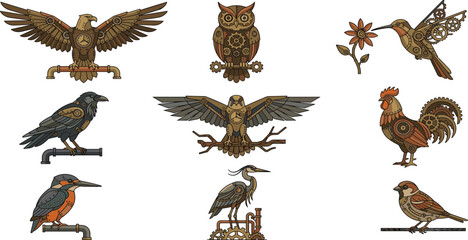 Fototapeta premium Vintage Engraved Bird Collection Featuring Owl Eagle Sparrow Rooster Raven and Kingfisher in Rustic Decorative Wildlife Vector Illustration Set