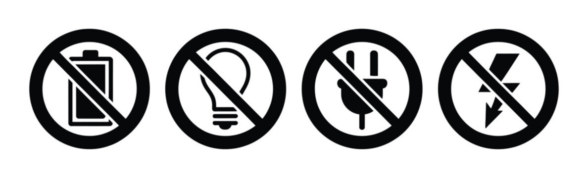 Power hazard vector icon collection with electricity warning, blackout alerts, and safety restriction symbols.