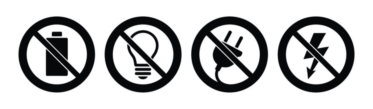 Electricity safety icon set featuring lightning prohibition, blackout, and power outage warning symbols.