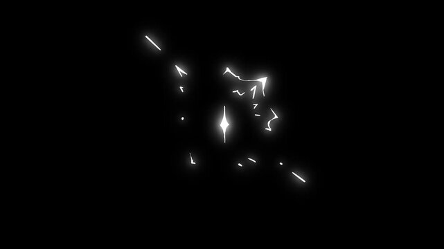 Energy blast explosion, flash FX elements, lightning thunder boom electrical cartoon animation, hand draw effect, glowing comic elements on black screen background. 4K