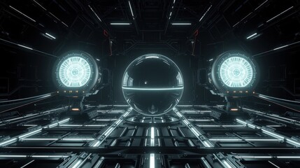 Fototapeta premium Futuristic corridor. Metallic surfaces, glowing lights, central sphere. Dark ambiance, symmetrical design, scifi aesthetic. Complex geometry, detailed textures.
