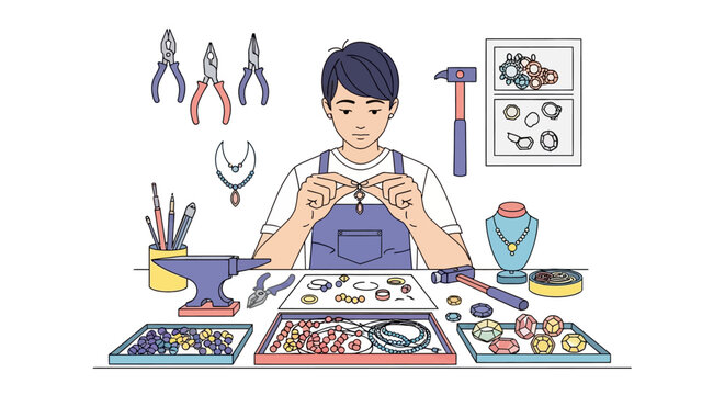 Young man crafting jewelry with tools and materials.