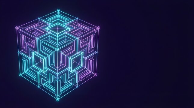 Abstract Blockchain Data Cube with Glowing Neon Circuit Lines and Ample Copy Space on Dark Background