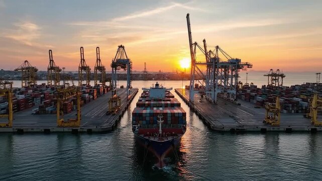 Large container ship moving slowly into a busy industrial harbor during a vibrant orange sunset with cranes loading cargo for international global trade and logistics