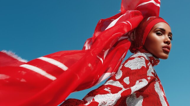 Bright African headscarf flowing dramatically in the wind, rich colors
