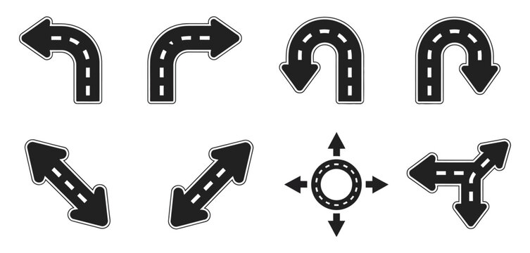 Traffic navigation vector icon collection with lane markings, directional arrows, and route guidance symbols.