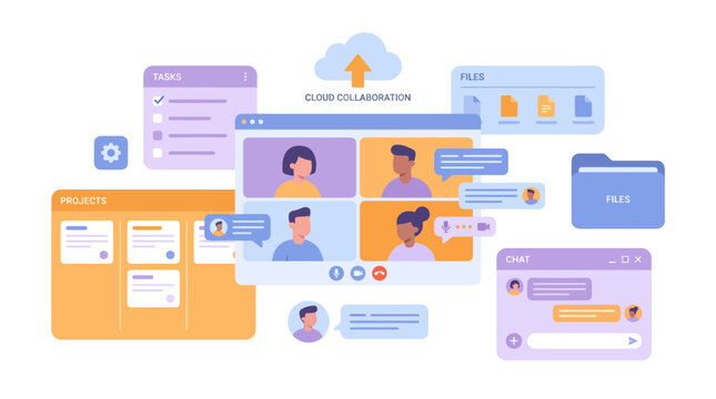 Modern cloud collaboration software interface with video conferencing and document management.