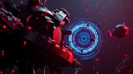 Fototapeta premium Futuristic spacecrafts float amid dark space. Red lights illuminate complex mechanical details, contrasting vibrant blue energy rings. Dramatic lighting creates depth.