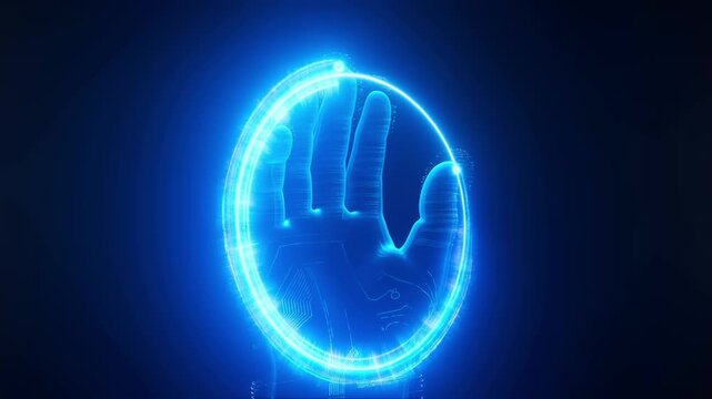 Futuristic 3D holographic hand being scanned by a glowing blue light. Digital biometric identification and cyber security concept. Artificial intelligence interface